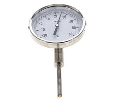 -20 to +60°C Stainless Steel Bimetallic Thermometer 100mm Cabinet 63mm Stem Bottom