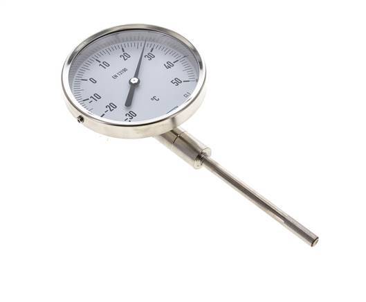 -30 to +50°C Stainless Steel Bimetallic Thermometer 100mm Cabinet 100mm Stem Bottom