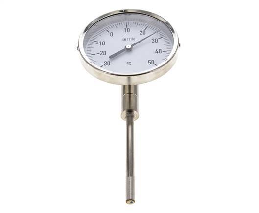 -30 to +50°C Stainless Steel Bimetallic Thermometer 100mm Cabinet 100mm Stem Bottom
