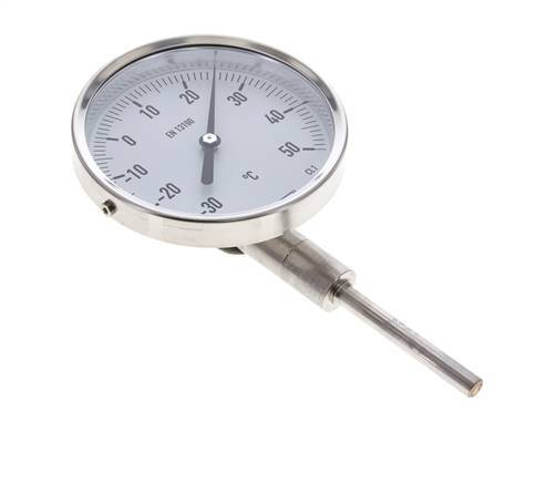 -30 to +50°C Stainless Steel Bimetallic Thermometer 100mm Cabinet 63mm Stem Bottom