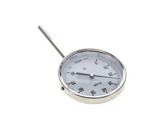 0 to +80°C Stainless Steel Bimetallic Thermometer 100mm Cabinet 100mm Stem Bottom